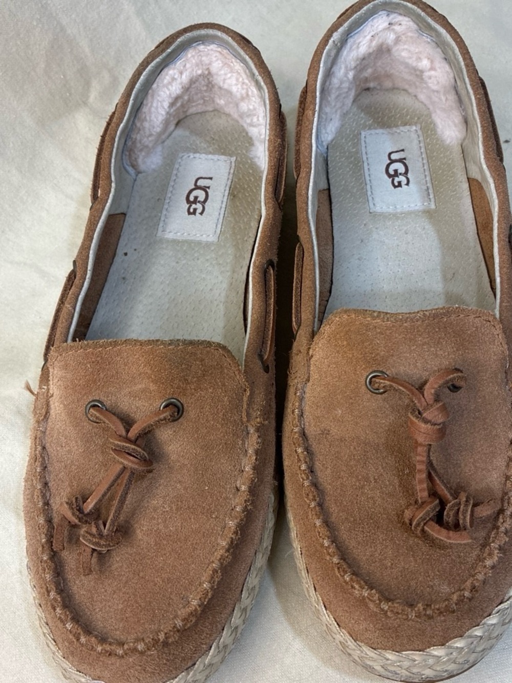 UGG women’s Chestnut Suede Slip-On Moccasins with Shearling Lining